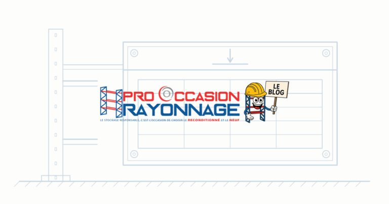 Plateau de rayonnage vu de près avec sa lisse et une flèche de charge dirigée vers le bas, dessin au trait bleu clair et logo du blog